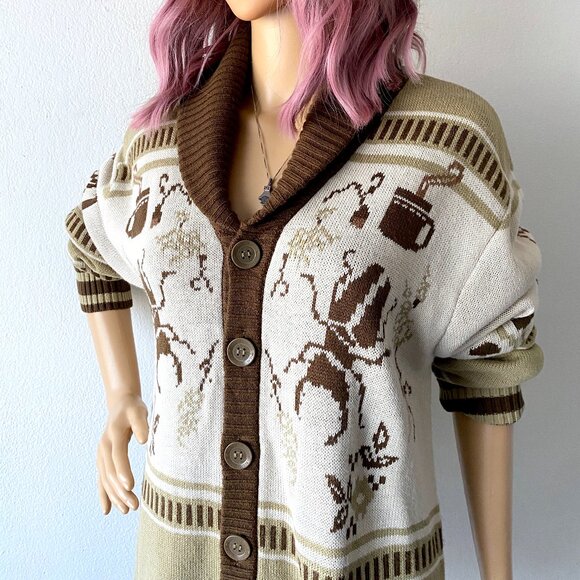 Mulitcolored Cardigan Sweater Novelty Print Unique Fashion Quirky Grandpa Granny - Picture 4 of 9